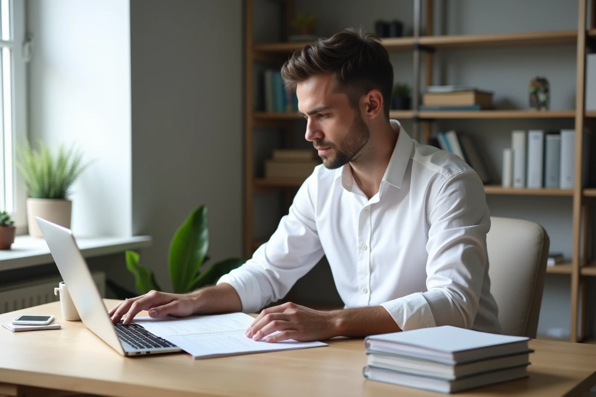 Entrepreneur consultant étudiant un modèle de caractérisation d'entreprise sur un bureau minimaliste à domicile
