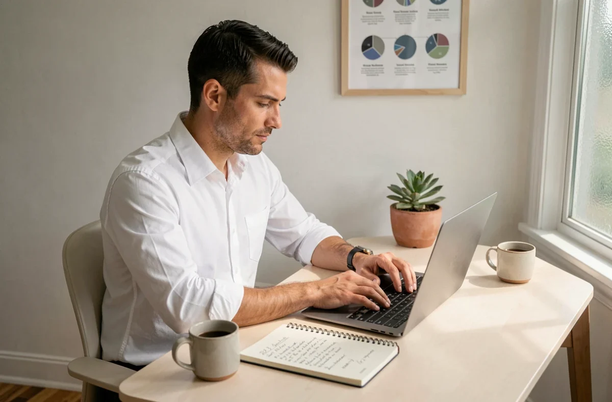 Entrepreneur travaillant sur sa stratégie de prospection B2B depuis son bureau à domicile