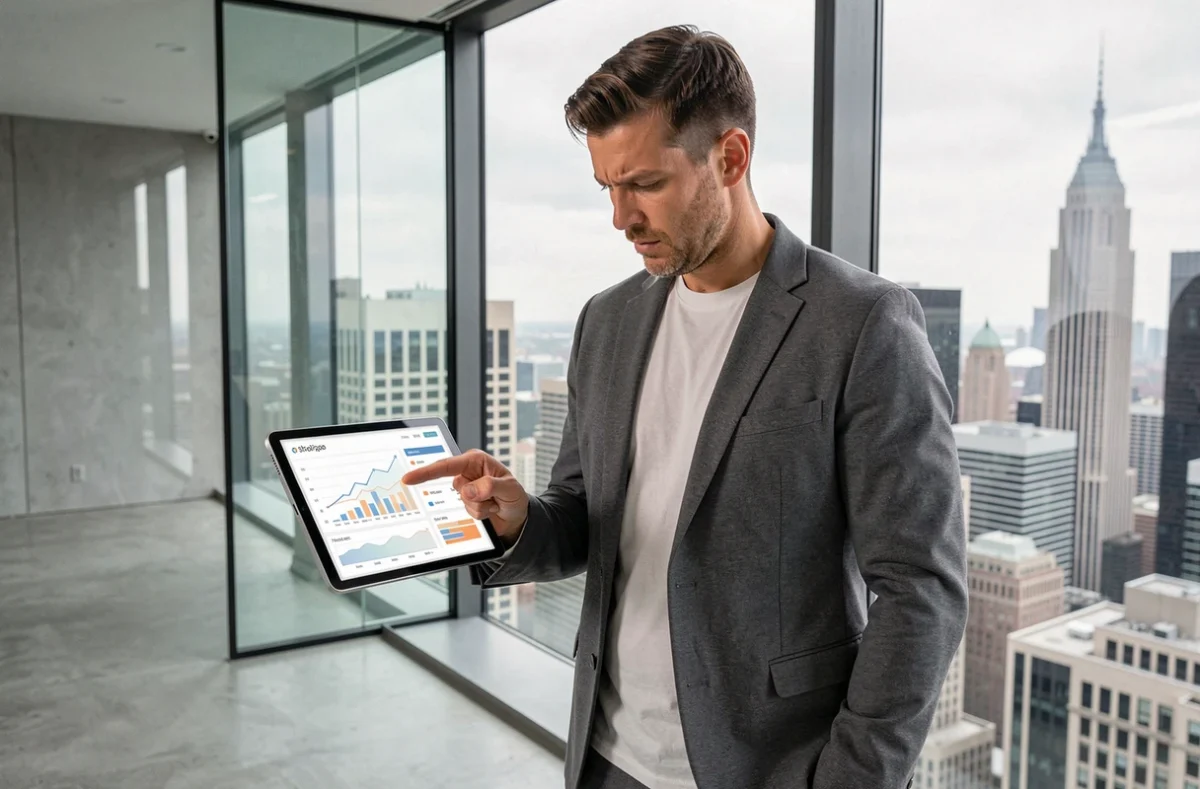 Entrepreneur masculin présentant des données de création d'entreprise sur tablette devant une vue urbaine
