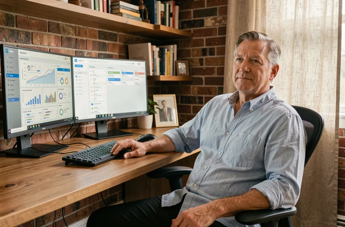 Entrepreneur en télétravail analysant des tableaux de bord sur deux écrans dans un bureau à domicile