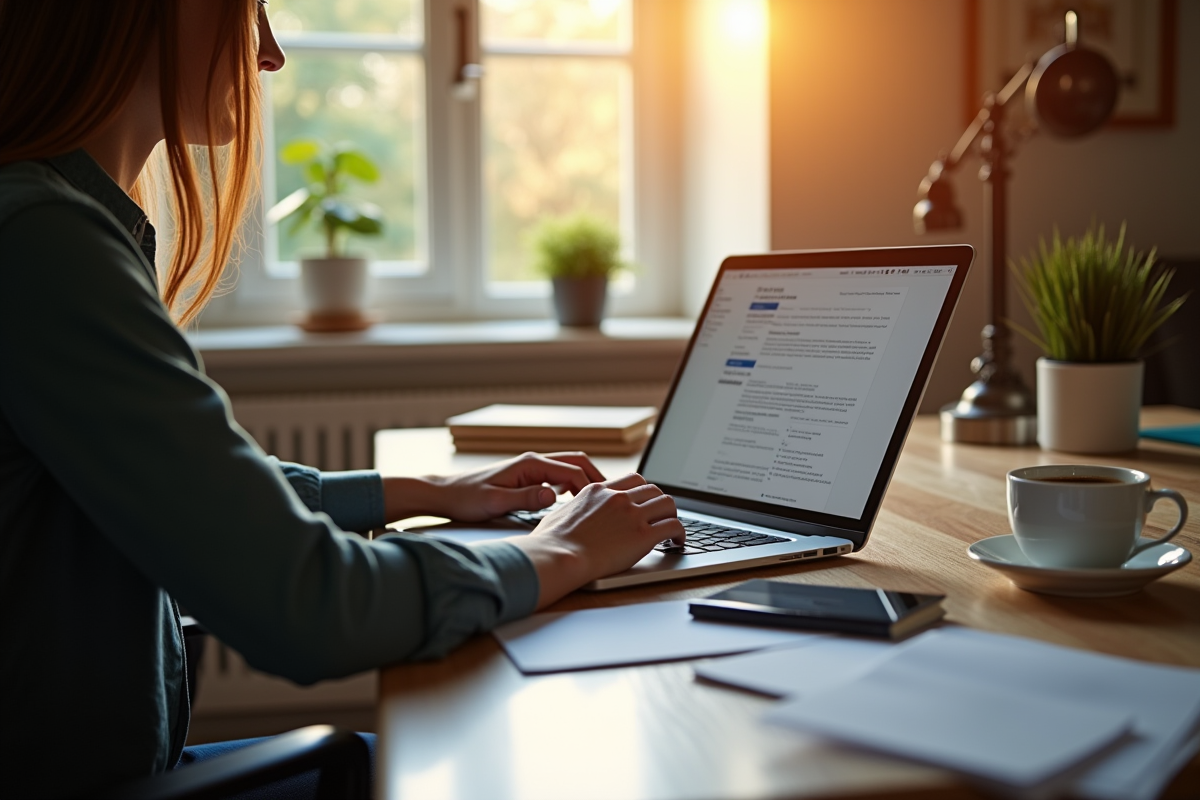 Professionnel envoyant une campagne email dans un bureau cosy