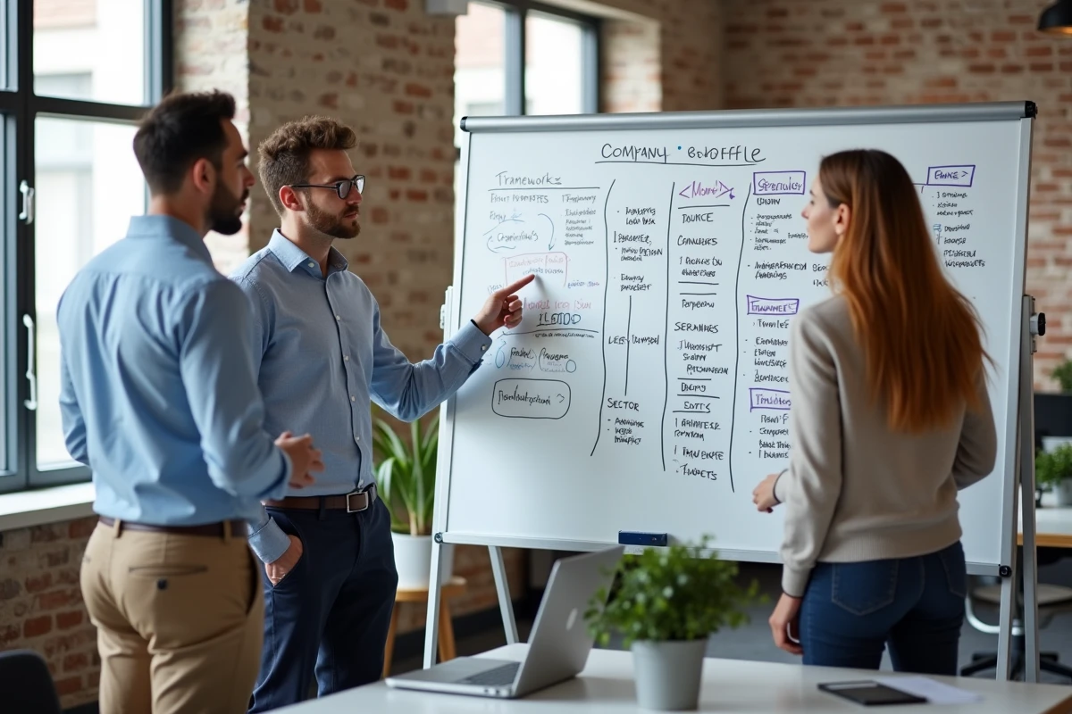 Équipe de professionnels discutant d'un cadre de caractérisation d'entreprise devant un tableau blanc en espace de coworking