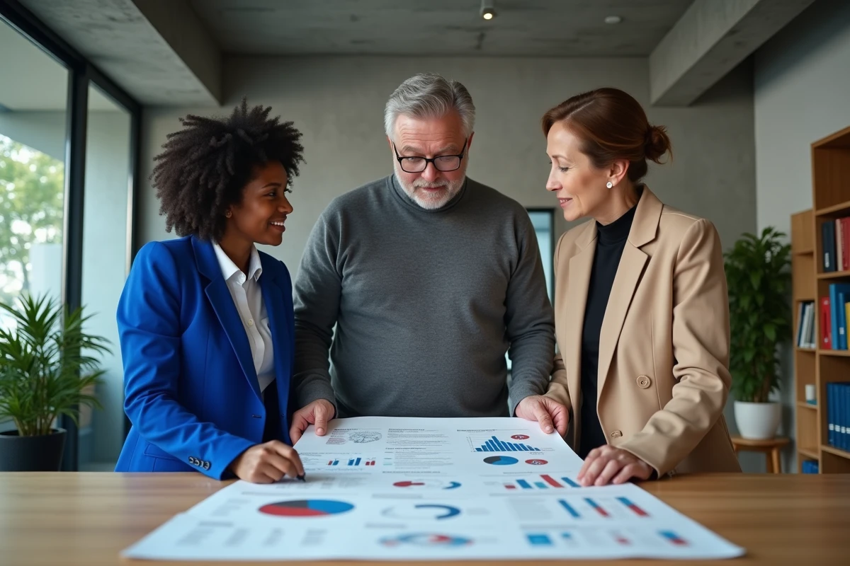 Équipe pluridisciplinaire de professionnels de l'assurance et du secteur public analysant un rapport RSE dans un espace de travail moderne et collaboratif