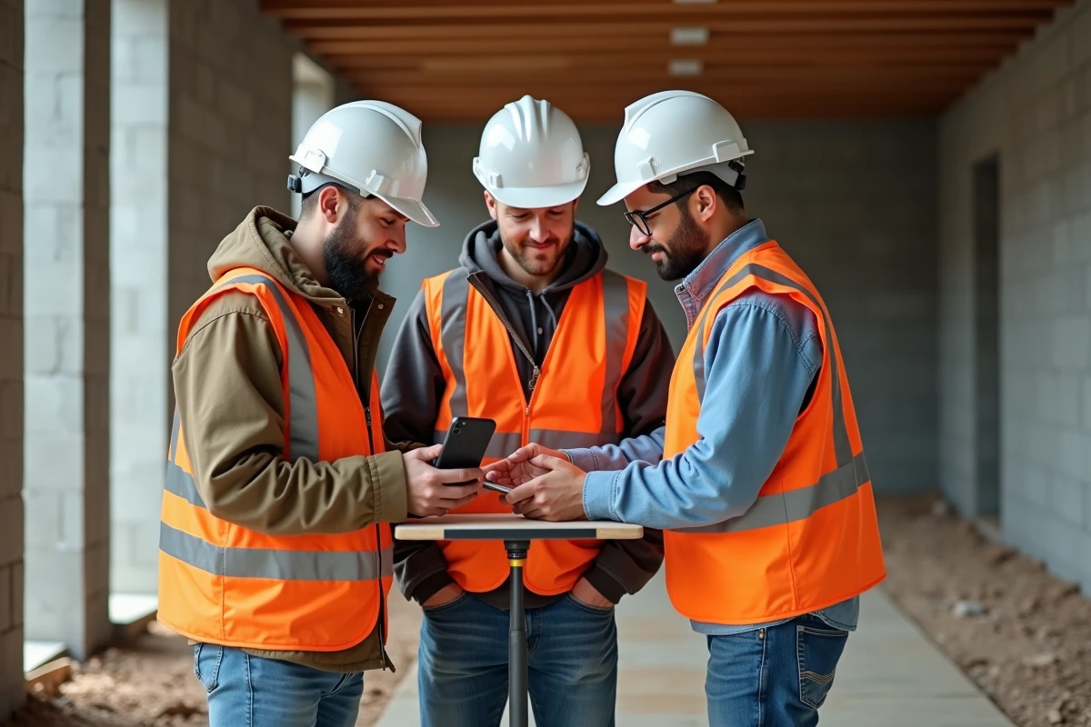 Équipe de travailleurs BTP consultant une application de suivi de chantier sur smartphone lors d'une réunion de site