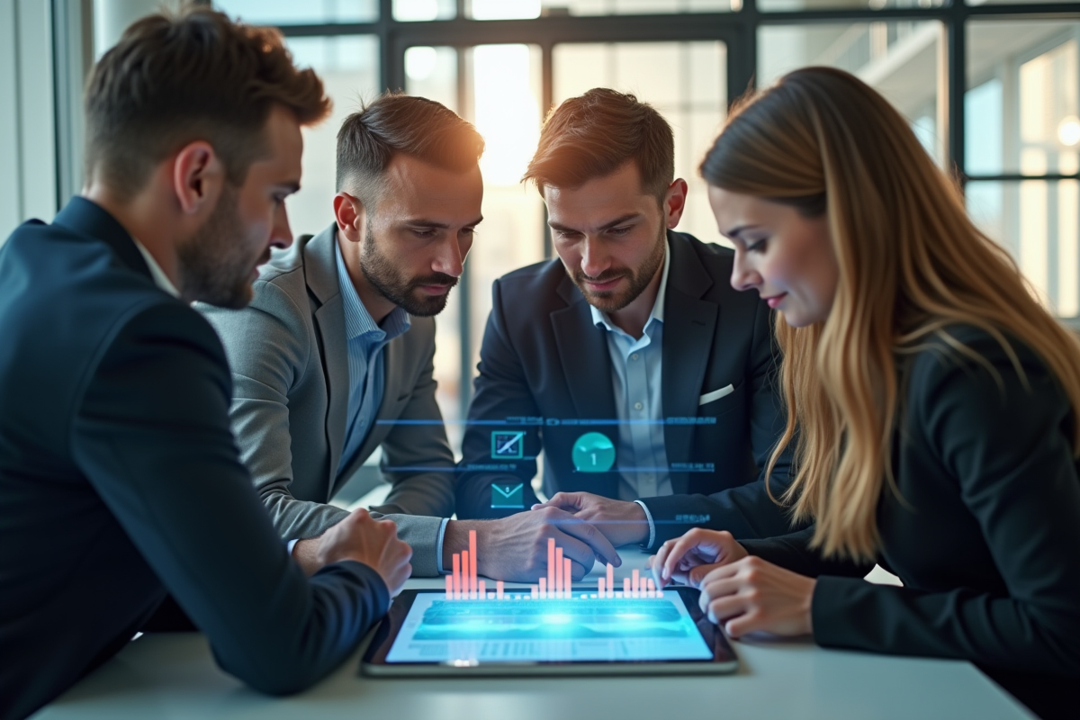 Groupe de professionnels collaborant autour d'une tablette numérique