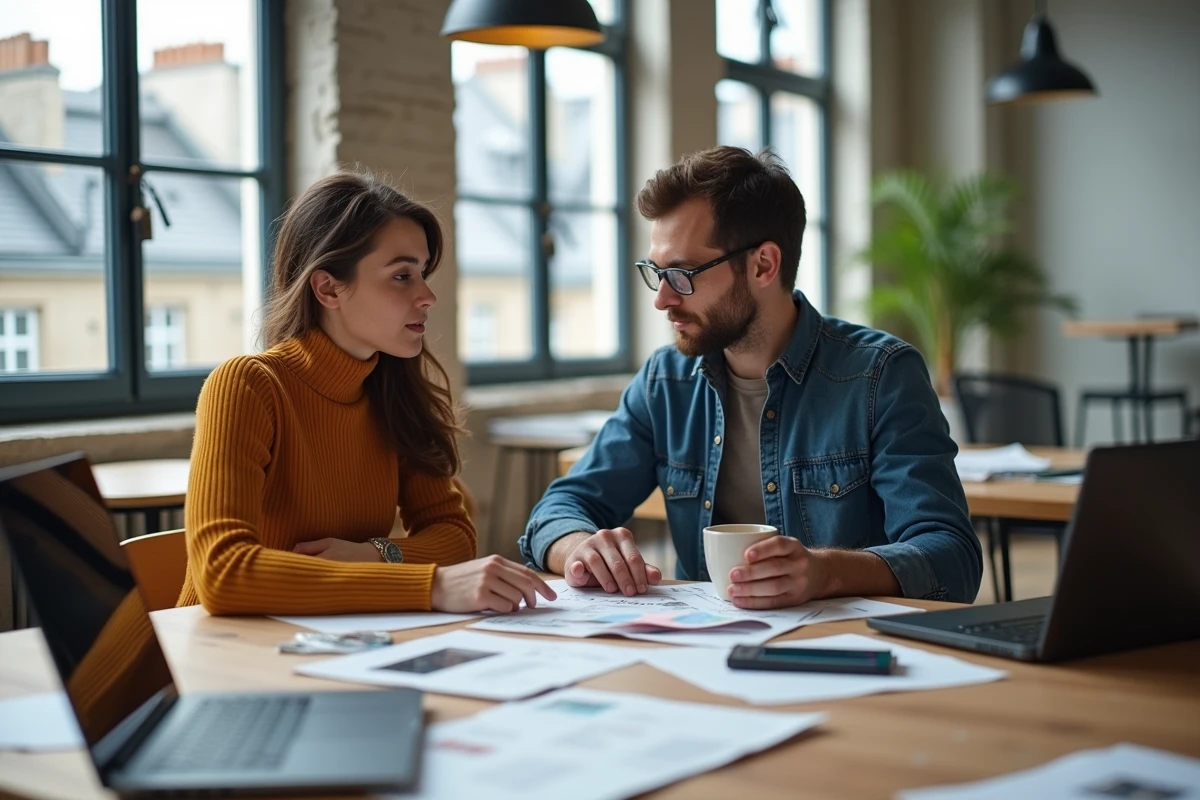 Équipe créative parisienne en co-working analysant des maquettes publicitaires locales et des échantillons de supports personnalisés