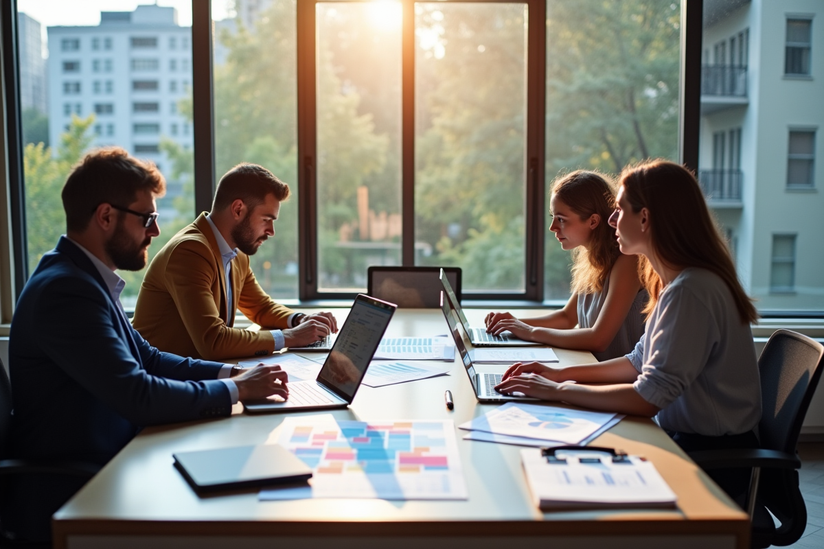 Equipe marketing brainstorming avec graphiques colorés