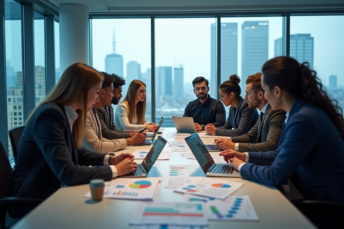 Equipe marketing diverse en réunion avec infographies et tablettes