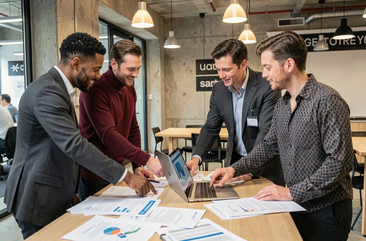 Équipe de professionnels B2B collaborant autour d'une table dans un espace de coworking moderne