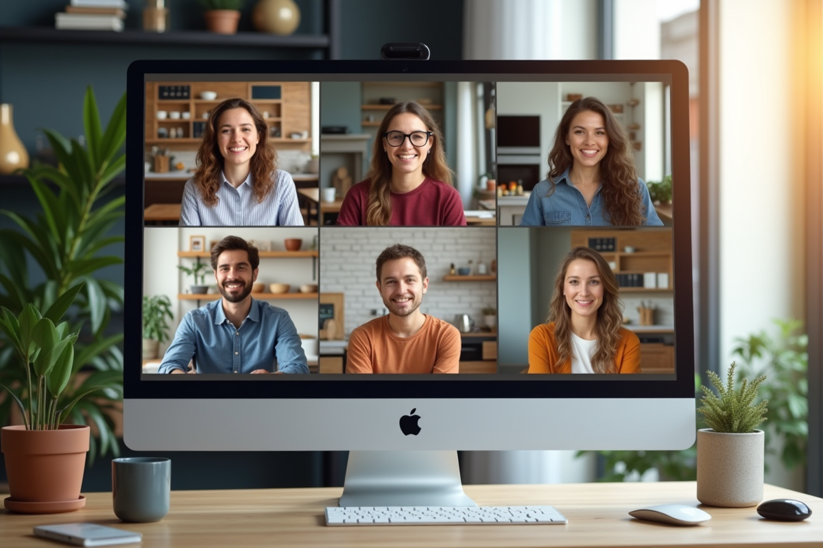 Equipe distante en visioconference dans différents décors