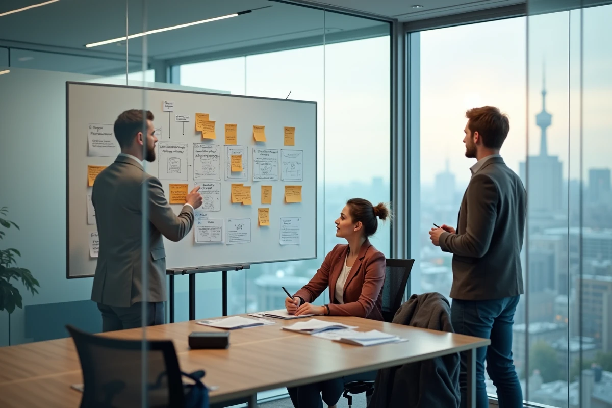 Équipe pluridisciplinaire en réunion stratégique autour d'un tableau blanc pour décider entre refonte et optimisation d'un site vitrine SaaS