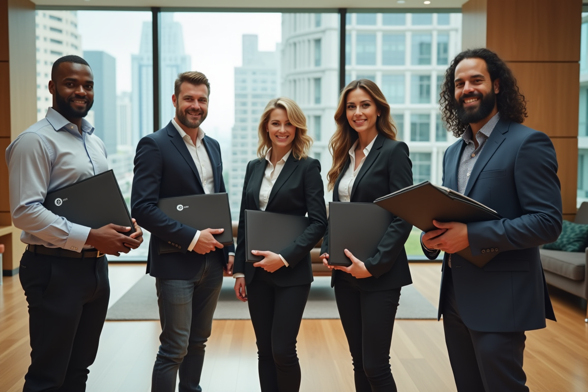 Groupe de quatre collègues dans un salon professionnel