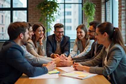 Groupe de collègues souriants unissant leurs mains au centre d'une table de réunion moderne, illustrant l'esprit d'équipe en entreprise