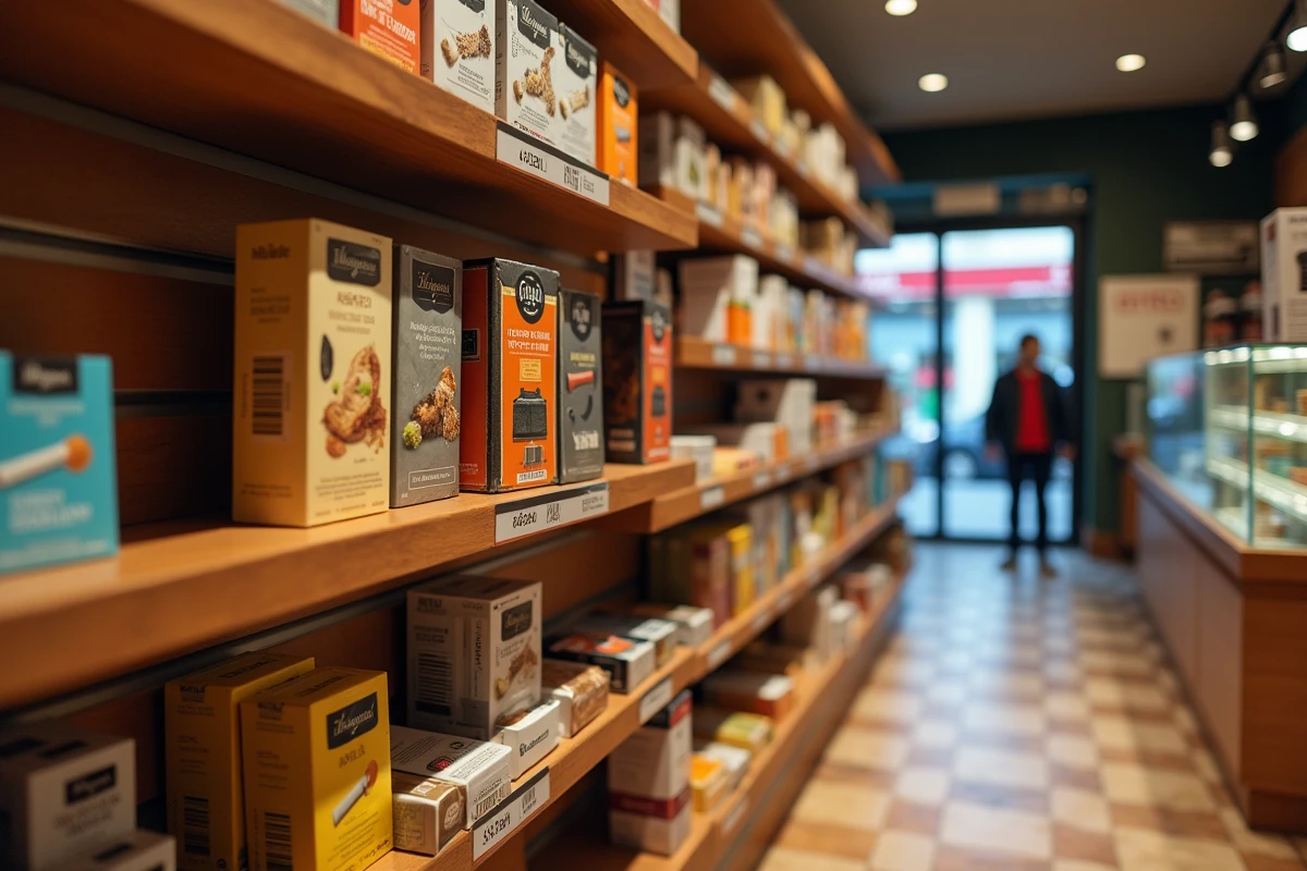 Étagère d'un estanco espagnol présentant des paquets de bâtonnets de tabac chauffé et des cigarettes classiques
