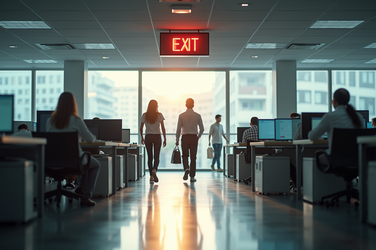 Employes quittant calmement un bureau après alarme de sécurité