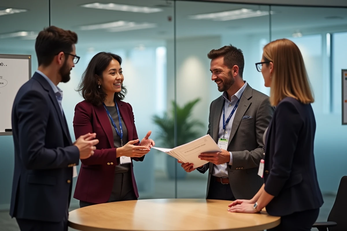 Groupe de professionnels en pleine discussion lors d'un événement de networking entreprise pour développer des relations commerciales qualifiées