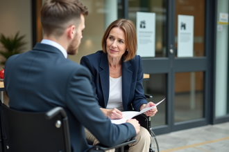 Femme en fauteuil roulant discutant avec un collègue dans un bureau accessible