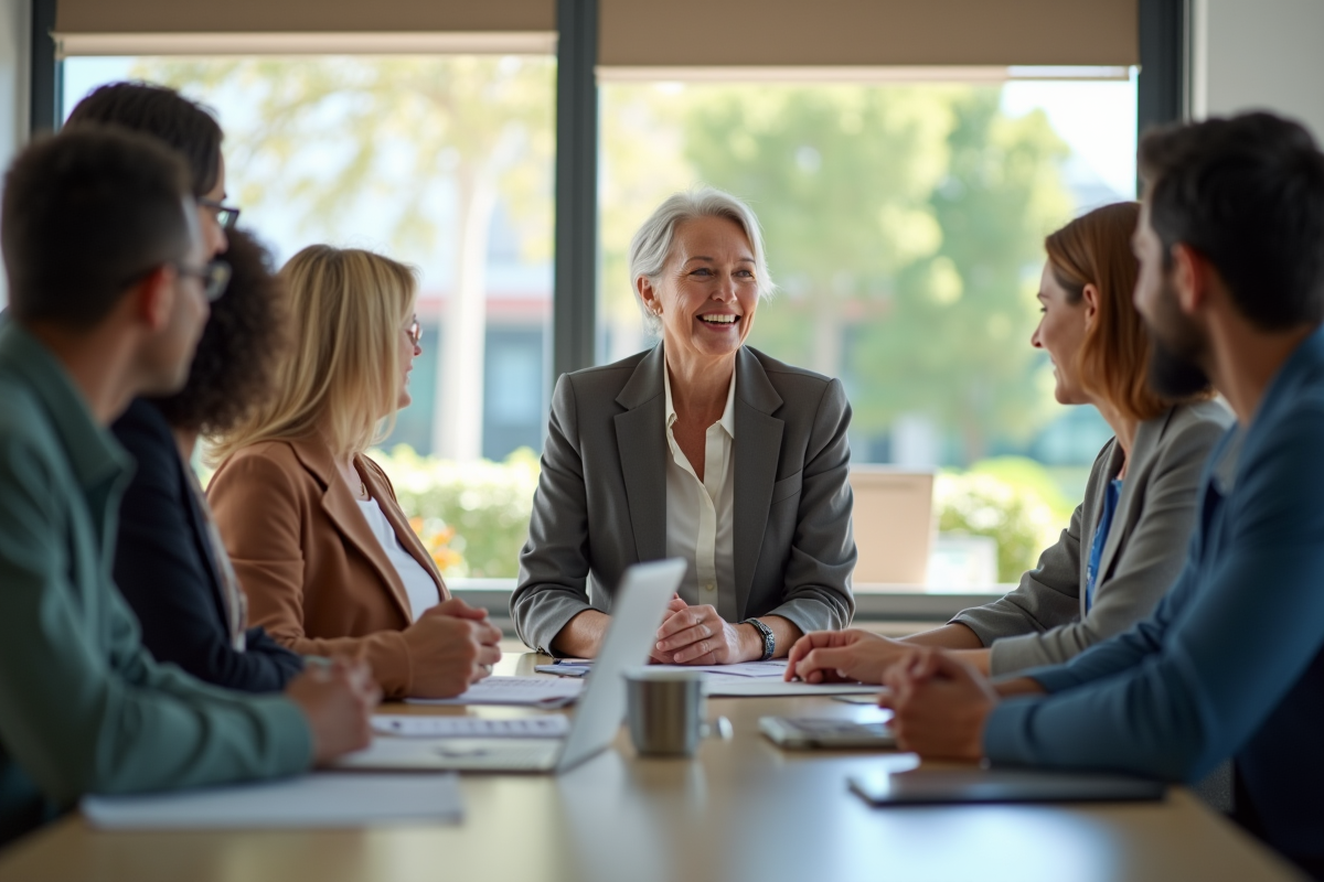 Femme d'affaires senior dirigeant une réunion d'équipe