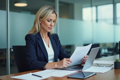 Femme d'affaires en costume bleu examinant des formulaires num&eacute;riques