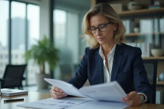Femme d affaires en costume navy dans un bureau moderne