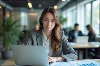 Femme d'affaires analysant des graphiques dans un bureau lumineux