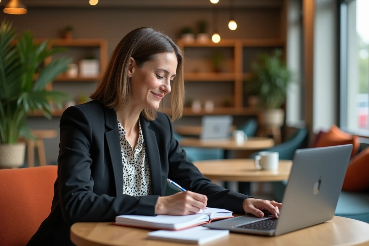 Femme au café de bureau travaillant sur son ordinateur portable