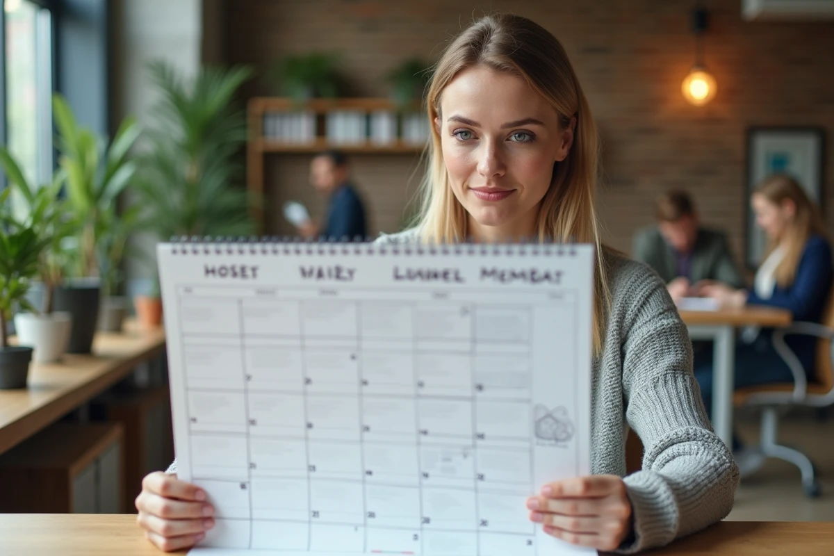 Femme au bureau consultant un calendrier 2026 avec les jours ouvrables surlignés pour optimiser ses jours de repos