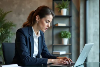 Femme d'affaires en bureau envoyant un email