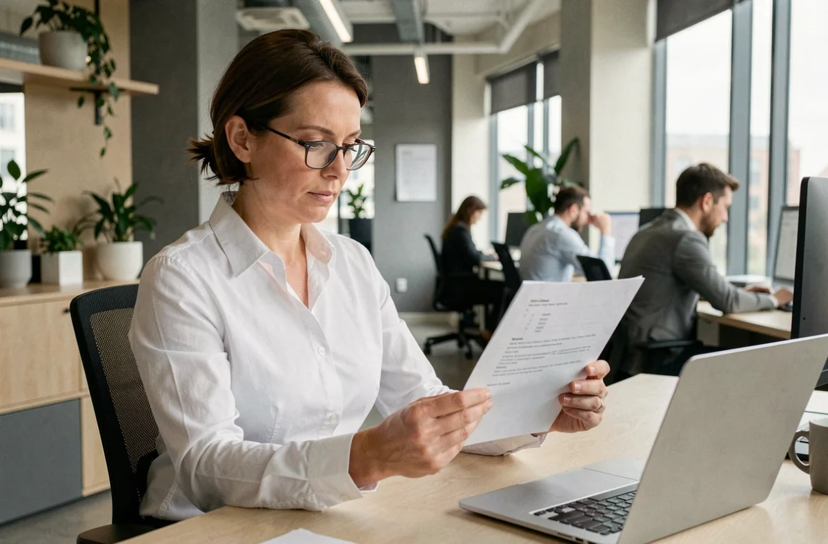 Femme professionnelle en bureau lisant une note de service imprimée à son bureau