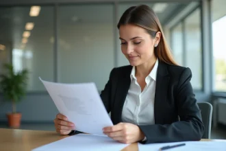 Femme professionnelle en costume lisant une lettre de démission imprimée à son bureau