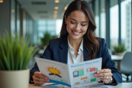 Femme confiante en bureau avec brochures colorées