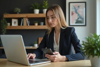 Femme professionnelle au bureau avec ordinateur et smartphone