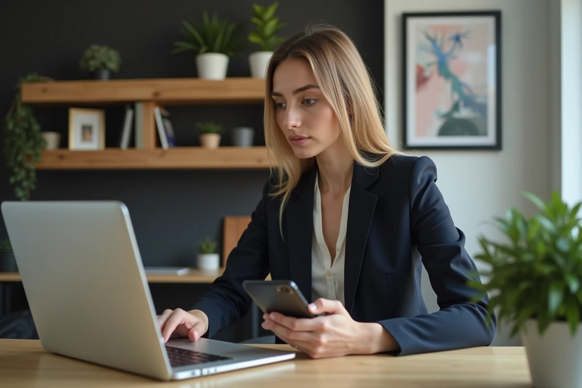 Femme professionnelle au bureau avec ordinateur et smartphone