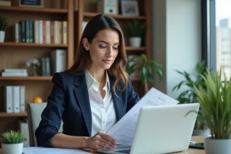 Femme en bureau moderne examinant des documents importants