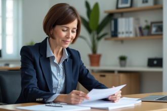 Femme d'âge moyen examinant des papiers officiels au bureau