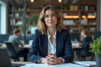 Femme en bureau moderne en tenue professionnelle concentrée