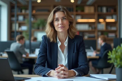 Femme en bureau moderne en tenue professionnelle concentr&eacute;e