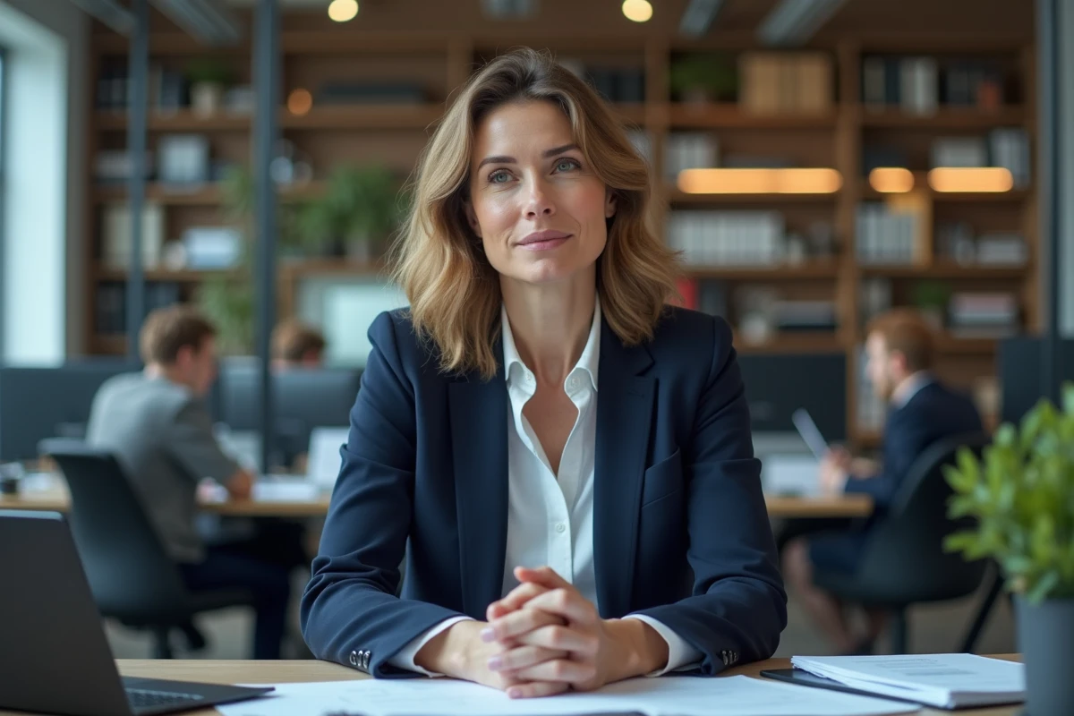 Femme en bureau moderne en tenue professionnelle concentrée