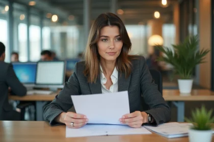 Femme en r&eacute;union de travail dans un bureau moderne