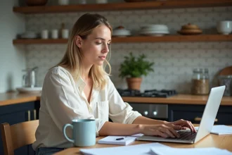 Femme concentrée sur son ordinateur dans la cuisine