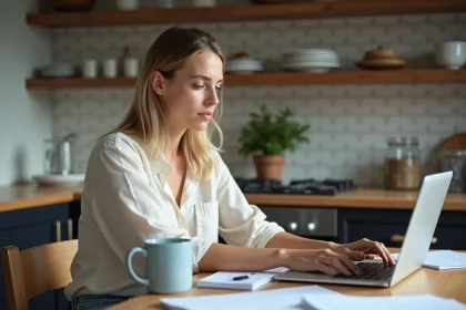 Femme concentr&eacute;e sur son ordinateur dans la cuisine
