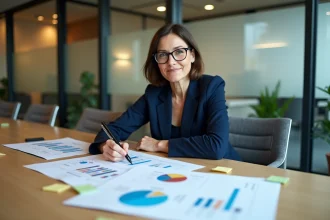 Femme cadre analysant une grille de caractérisation d'entreprise avec des documents structurés sur une table de réunion