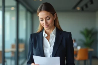Femme cadre lisant une note de service professionnelle dans un bureau moderne