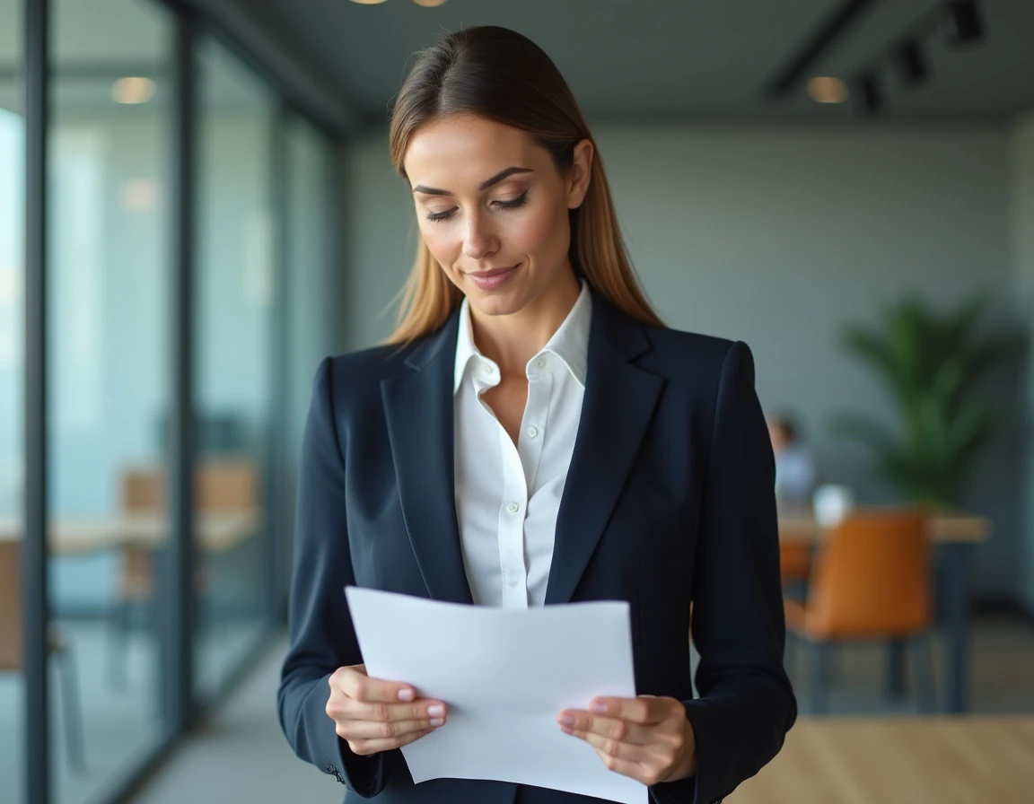 Femme cadre lisant une note de service professionnelle dans un bureau moderne