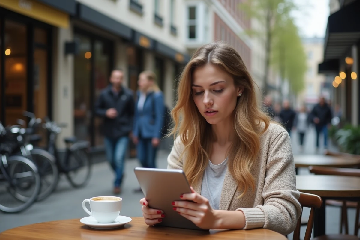 Femme au café utilisant une tablette pour ses finances