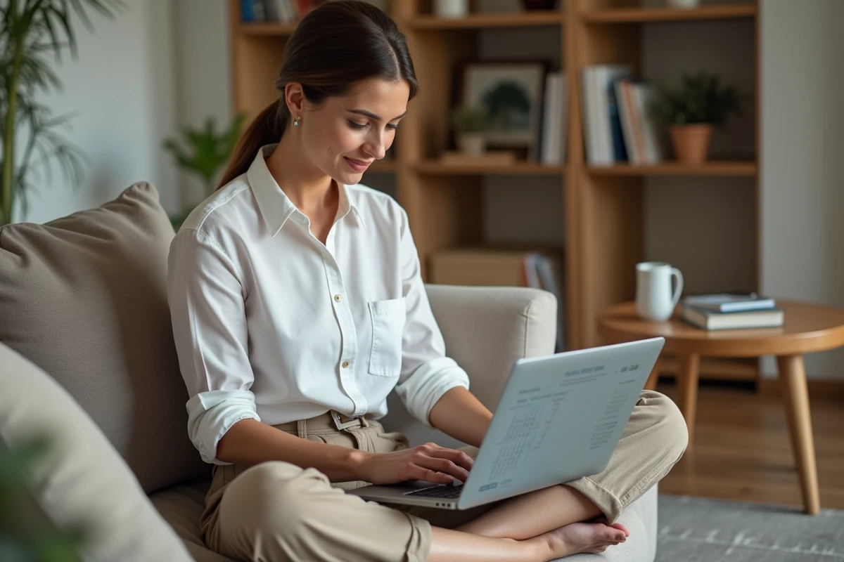 Femme sur un canapé consultant un tableau numérique de jours ouvrables 2026 sur ordinateur portable pour optimiser ses congés
