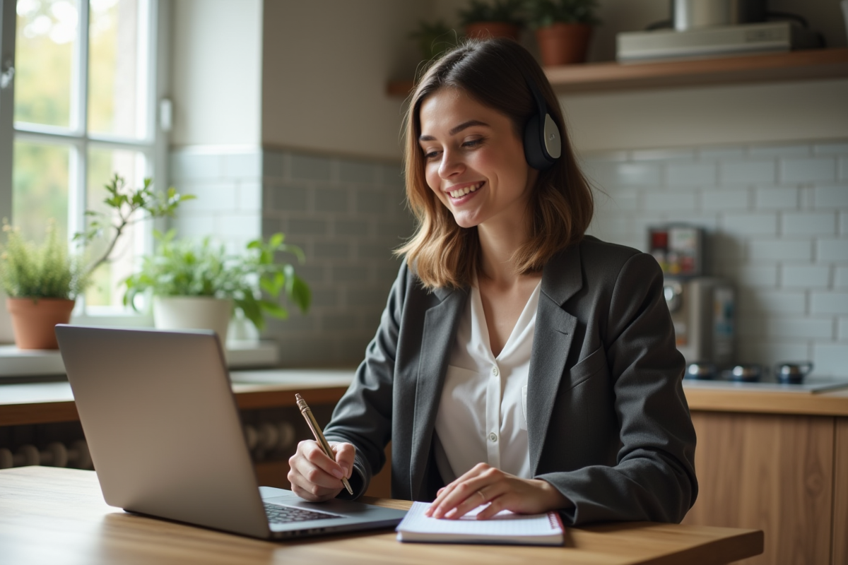 Jeune femme en visioconference dans sa cuisine à la maison