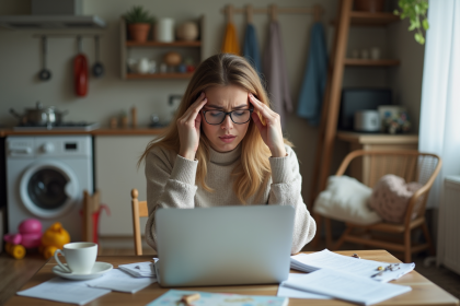 Femme frustrée à la cuisine avec enfants et tâches