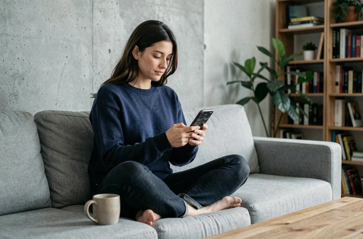 Jeune femme débutante consultant une application de gestion de portefeuille crypto sur smartphone dans un salon moderne