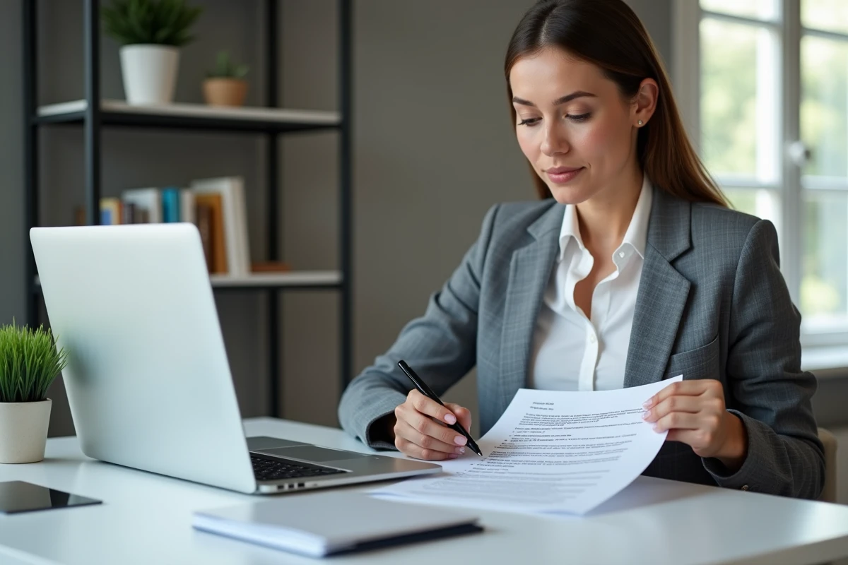 Femme à son bureau à domicile complétant un modèle de lettre de dénonciation de travail au noir destiné à l'URSSAF